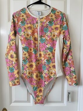 No Boundaries - Floral Zip-Front Long Sleeve One-Piece Swimsuit - NWT!
